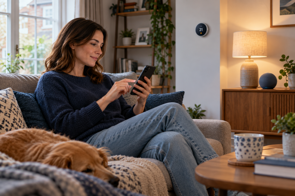 Using a phone to control a smart speaker, lamp and thermostat in a living room