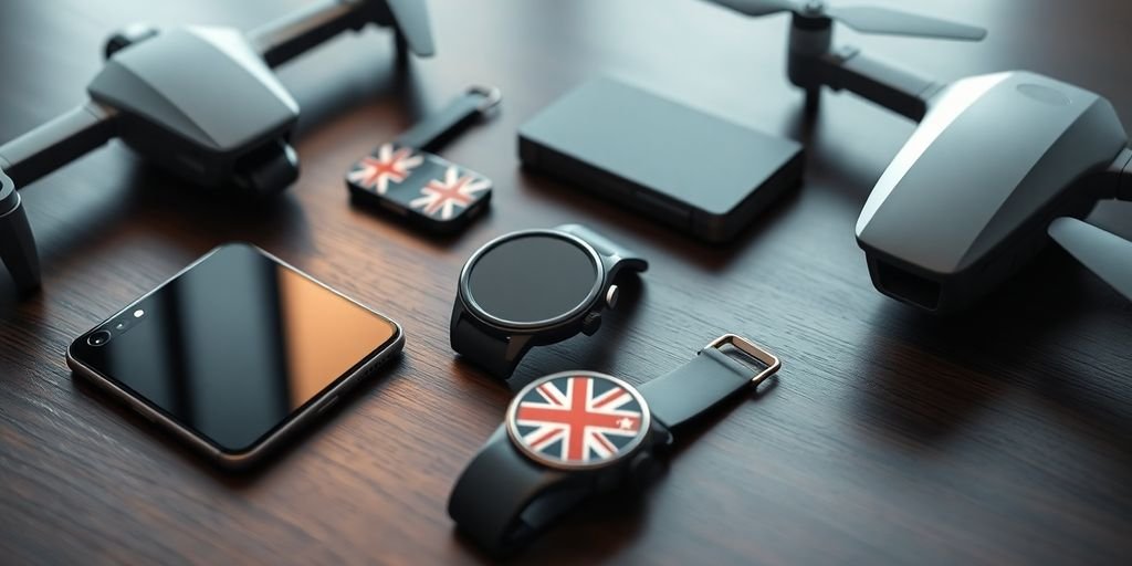Sleek British gadgets, futuristic design, Union Jack accents.