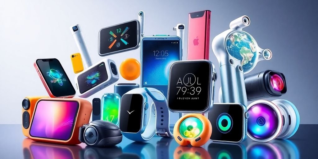 A collage of innovative gadgets and futuristic devices.