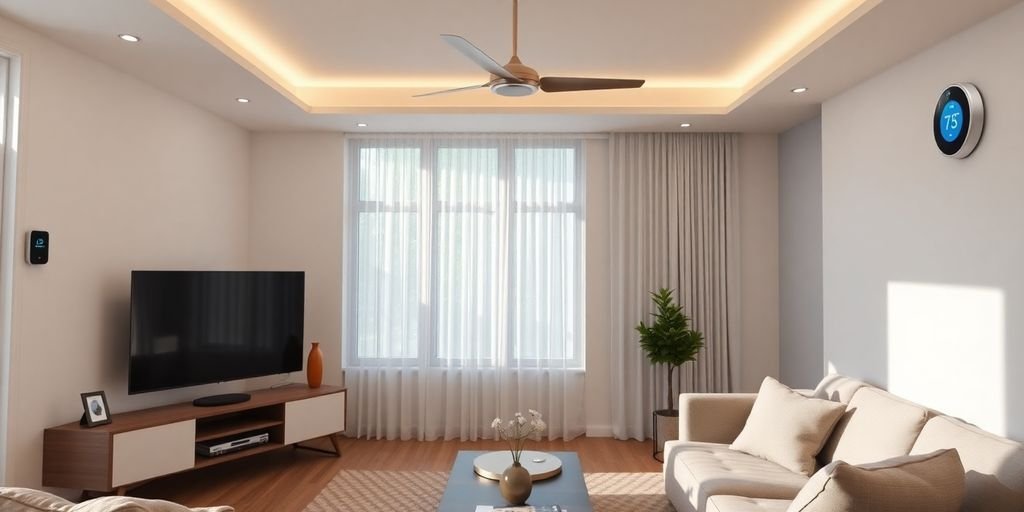 Modern living room with smart home technology integrated.