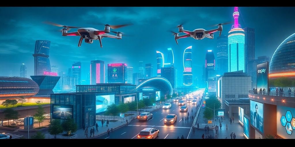 Futuristic city with advanced technology and vibrant architecture.