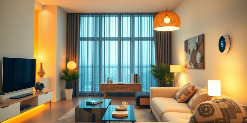Modern living room with various smart home devices.