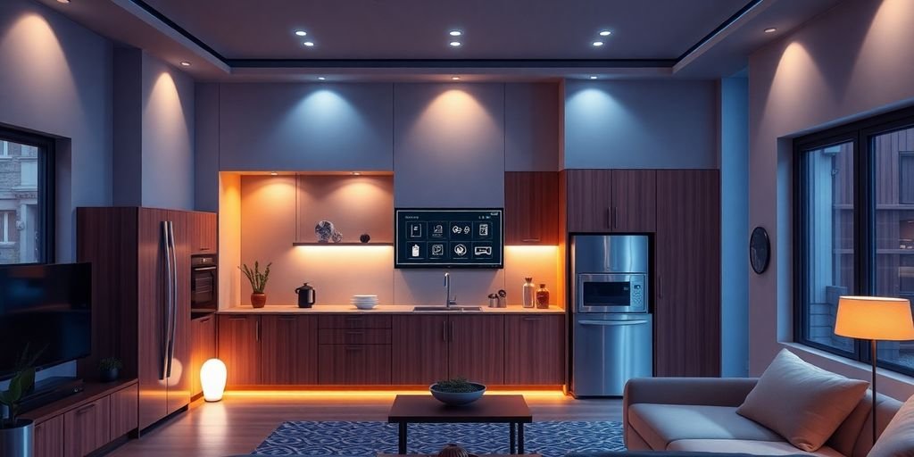 Futuristic smart home with automated devices and sleek design.