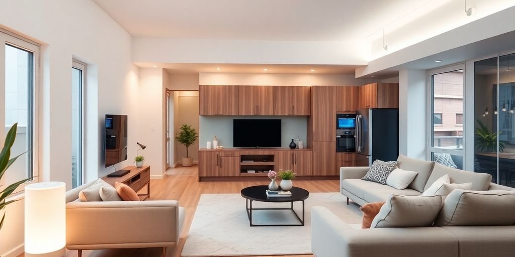 Modern living room with smart home devices and technology.