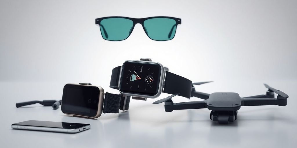 Futuristic gadgets for 2025 including smartwatch and drone.