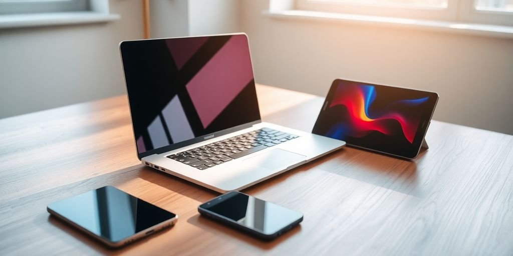 Modern workspace with laptop, smartphone, and tablet.