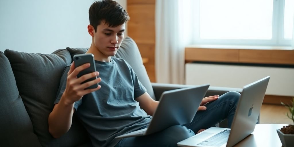 Briton using phone, laptop, and tablet.