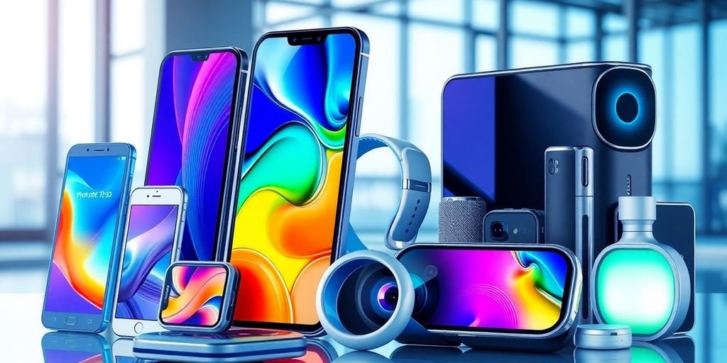 Futuristic gadgets including smartphones and wearables.