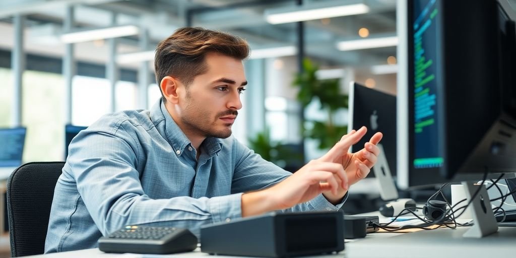 IT professional troubleshooting a computer in a modern office.