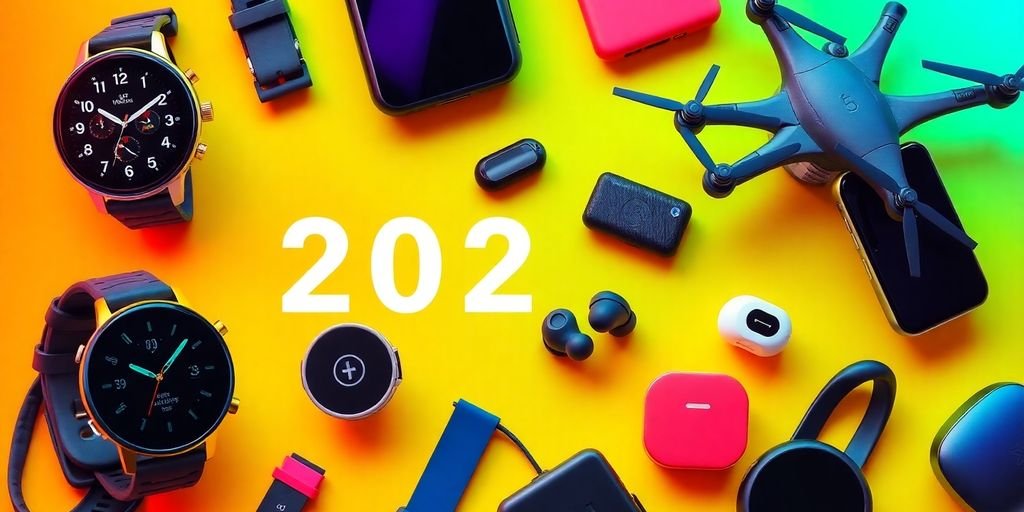 A variety of futuristic gadgets on a sleek surface.