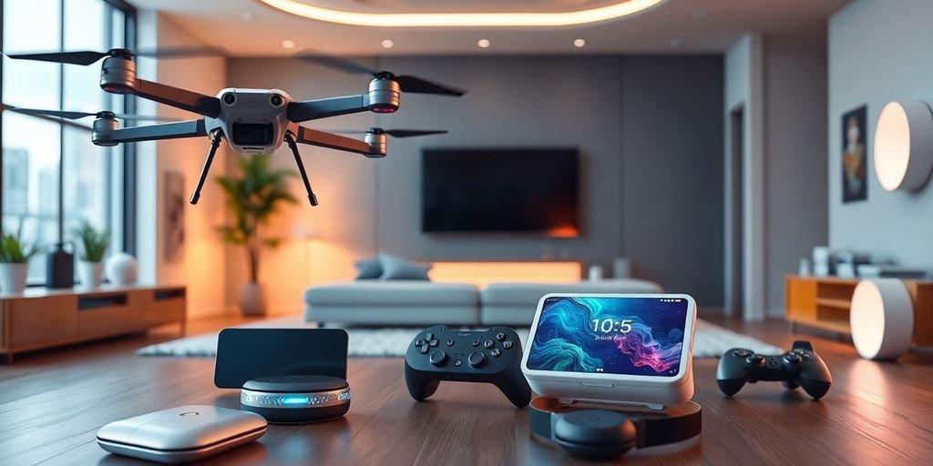 Futuristic gadgets in a modern setting for 2025.