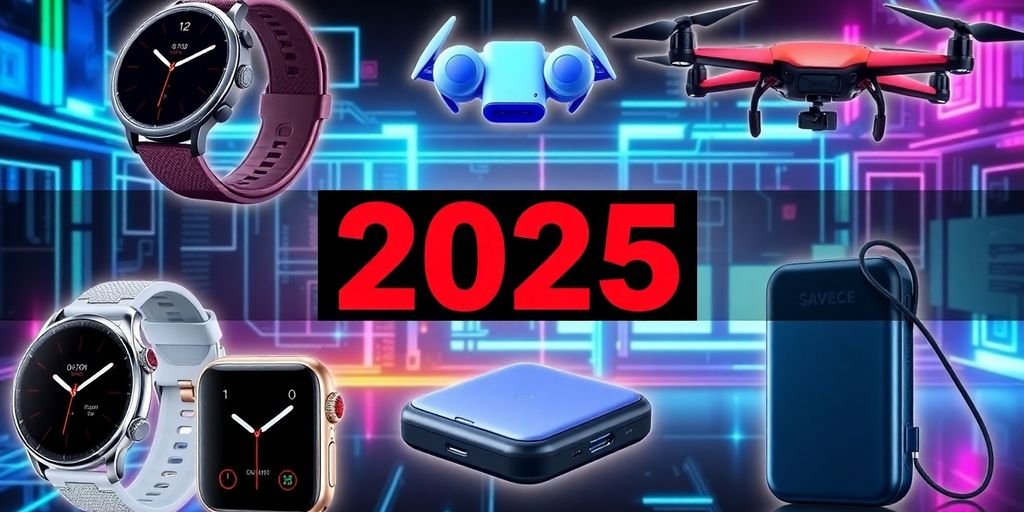 Collage of futuristic electronic gadgets for 2025.