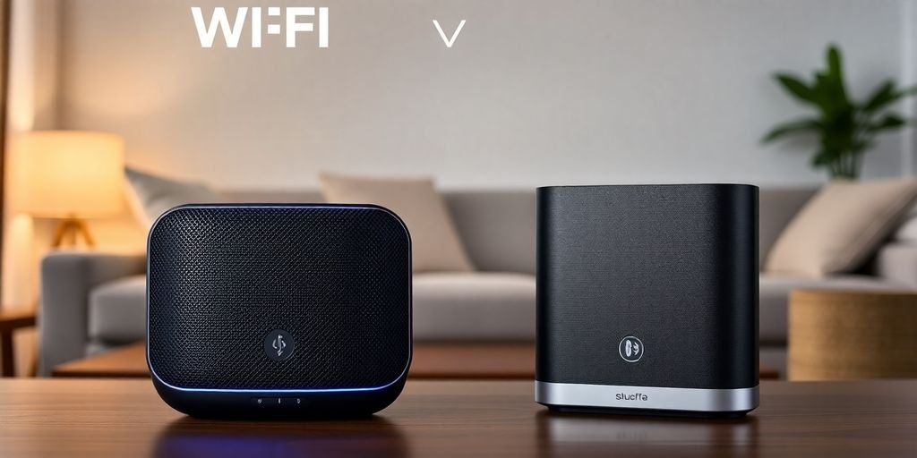 WiFi and Bluetooth speakers in a cozy living room.