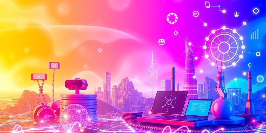 Futuristic technology elements in a vibrant digital landscape.