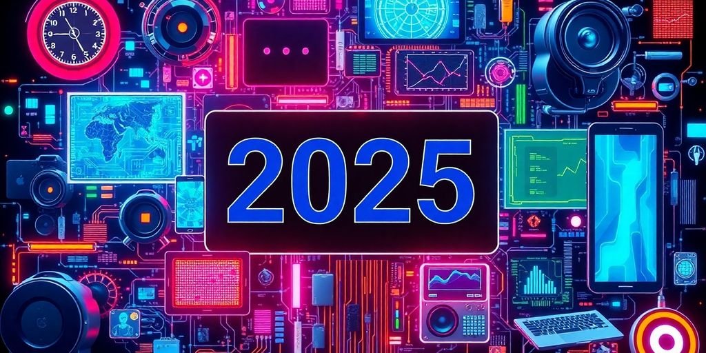 Futuristic technology collage featuring sleek gadgets and devices.