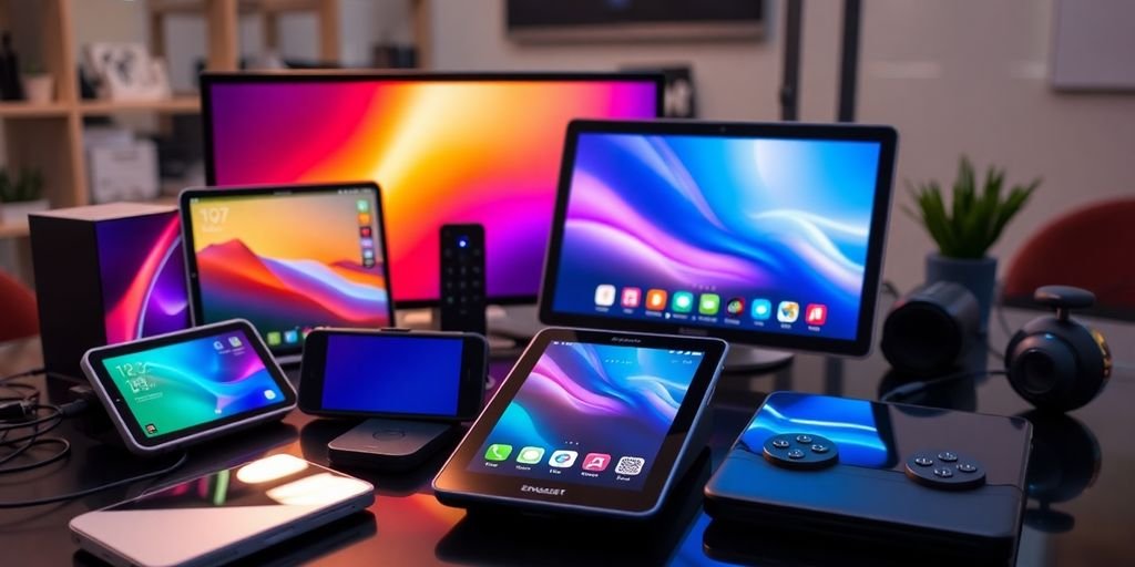 Modern gadgets and devices in a sleek workspace setting.