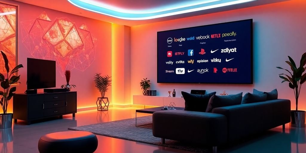 Futuristic living room with a large screen and sofa.