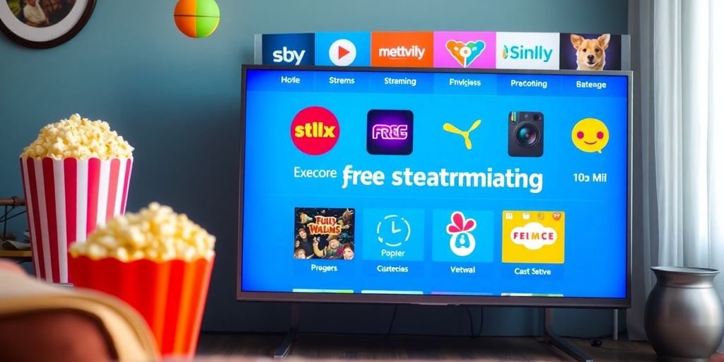 Television screen with streaming icons and cozy setup.
