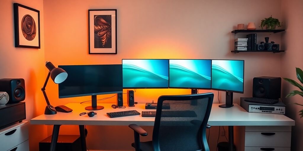 Modern home office setup with dual monitors and gadgets.