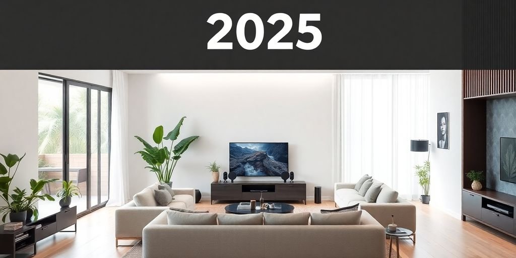Modern living room with integrated smart home technology.