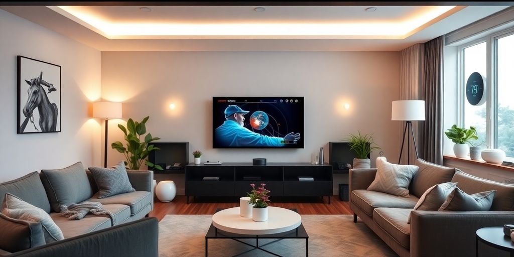 Modern living room with advanced smart home devices.
