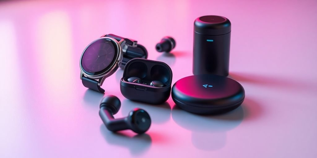 Futuristic gadgets including a smartwatch and wireless earbuds.