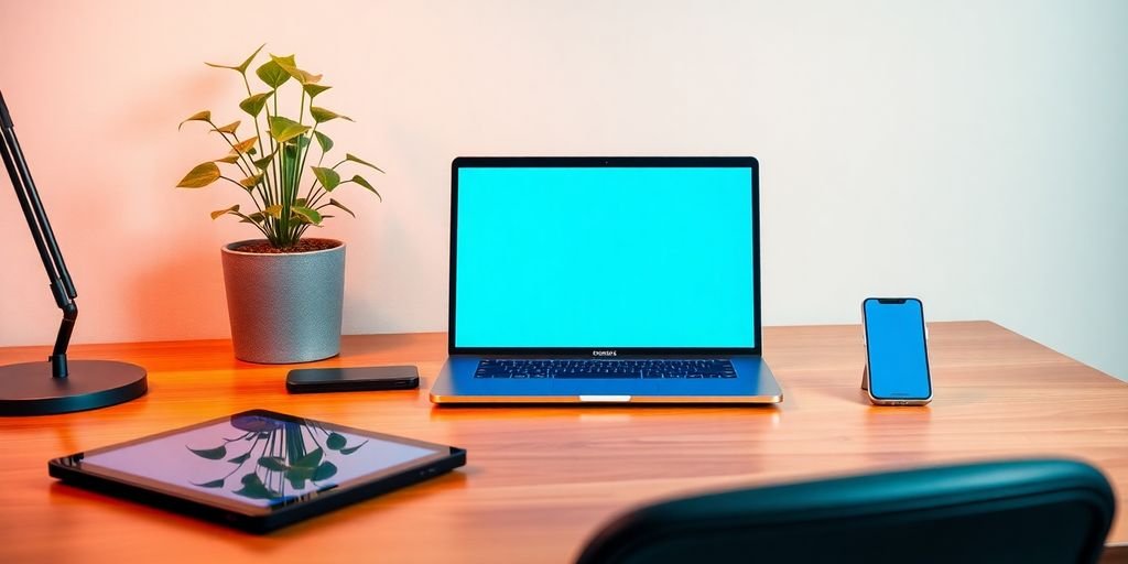 Modern workspace with tech gadgets and green elements.
