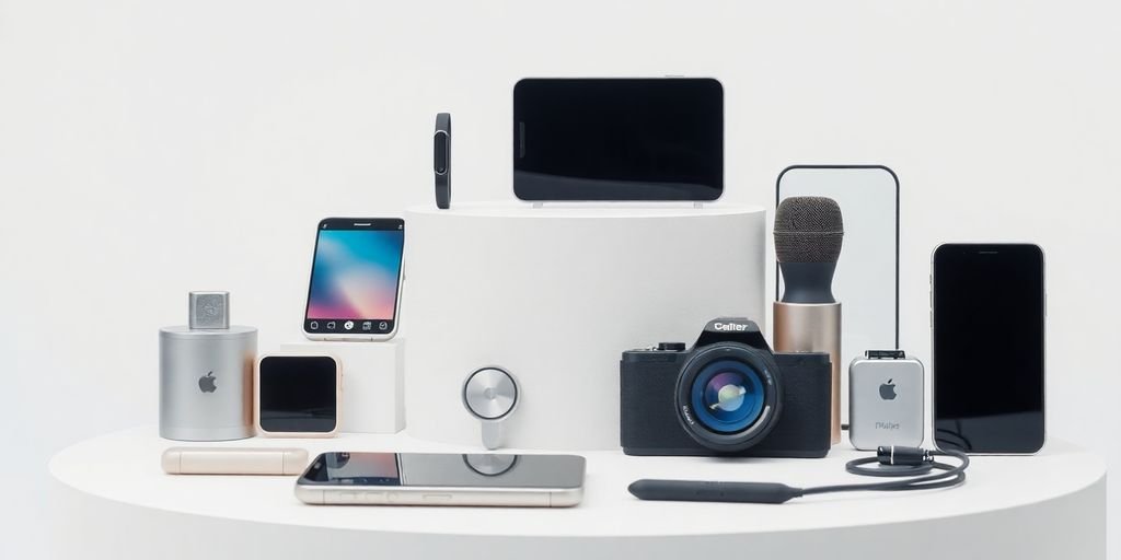 Sleek, modern gadgets arranged on a minimalist background.