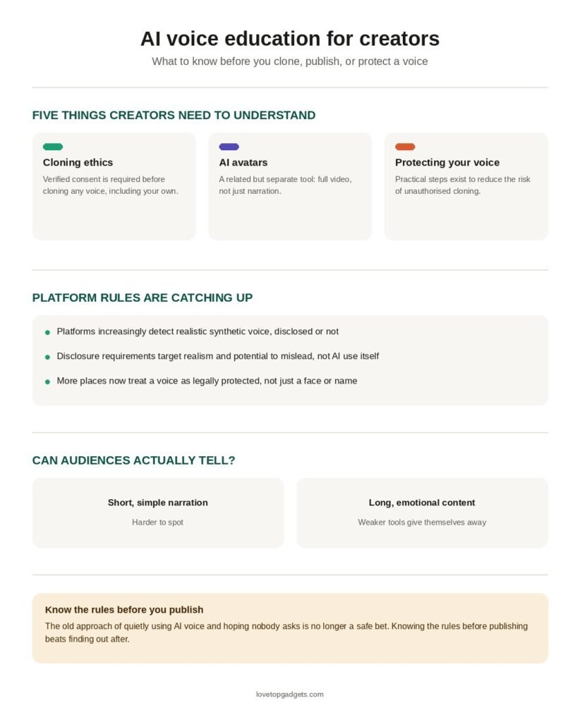 Infographic on AI voice cloning for creators, covering cloning ethics and consent, AI avatars, protecting your own voice, platform disclosure rules, and how well audiences can detect AI voice