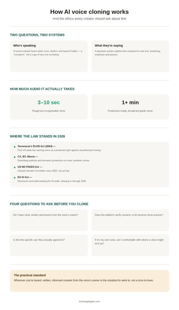 Infographic explaining how AI voice cloning works — the two-stage voiceprint process, how much audio is needed, current voice-likeness laws like the ELVIS Act and NO FAKES Act, and the consent questions creators should ask before cloning a voice.