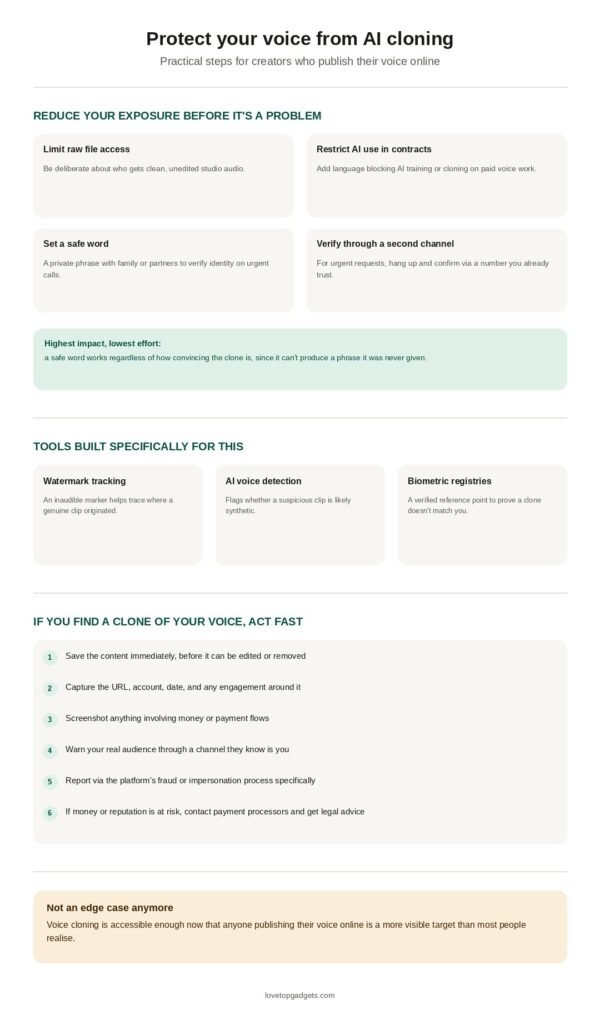 Infographic on how to protect your voice from AI cloning — reducing exposure through file access and contracts, setting a safe word, detection and watermarking tools, and the six steps to take if your voice has already been cloned.