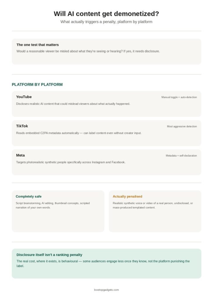 Infographic answering will AI-assisted videos get penalized, covering the reasonable-viewer disclosure test, how YouTube, TikTok, and Meta each handle detection, and what's safe versus penalised.